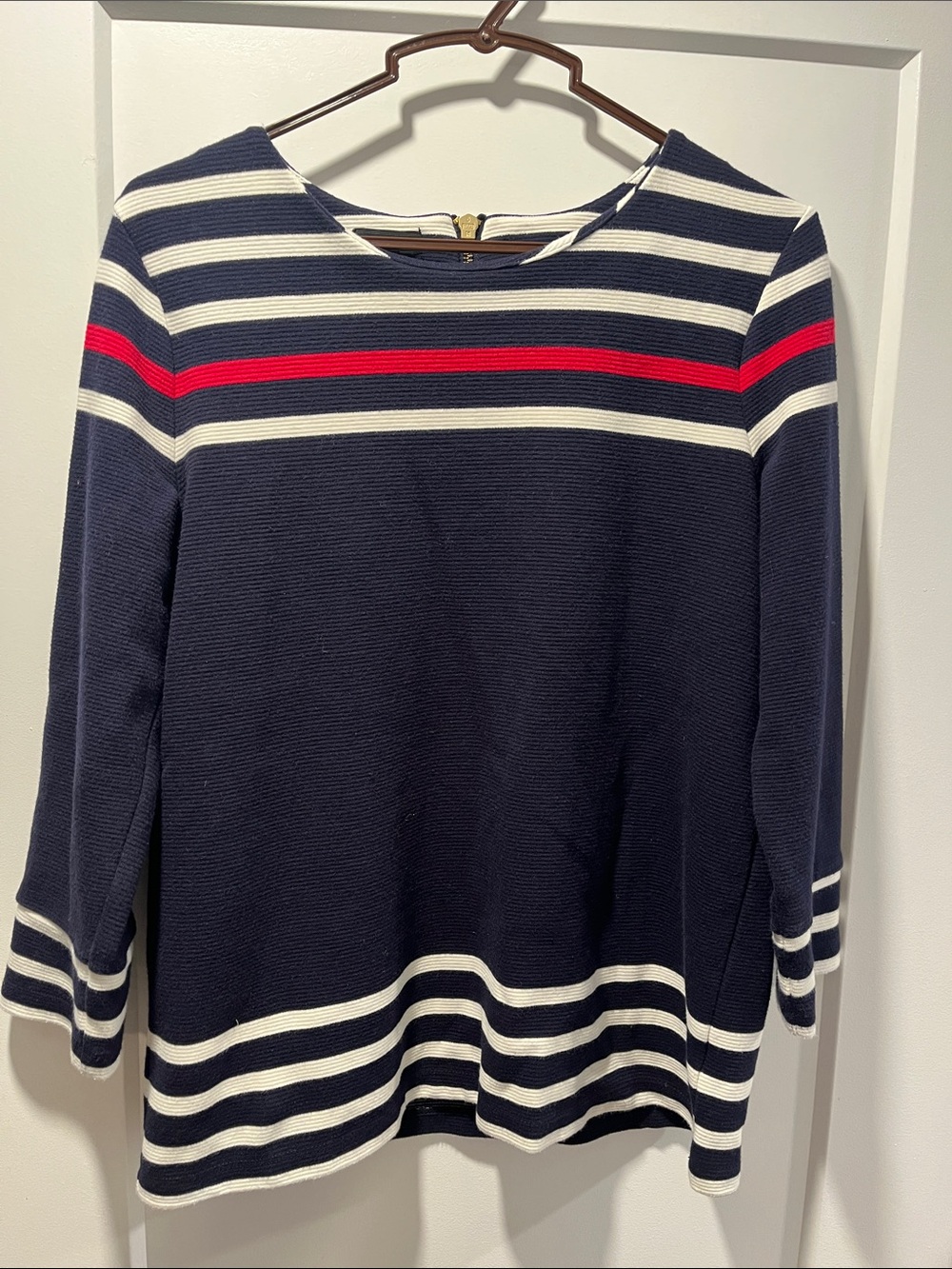 Talbots Women's Navy Striped Boatneck Top with zipper in back